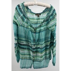 Tommy Bahama Womens XL Green Striped Cotton Silk Button Front Blouse Long Sleeve